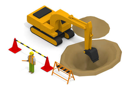 Construction work site. Construction site workers. Operate the excavator car. isometric. 3D renderingの写真素材