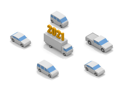 2021 letters on the track. 6 cars. a car runs. isometric. 3D rendering