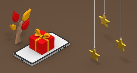 Three gold stars. Christmas gift concept. Shop on your smartphone. Christmas image. 3D rendering