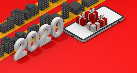 Christmas in 2020. Skyscrapers lined up. Christmas gift concept. Shop on your smartphone. 3D...