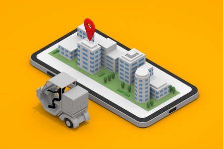 Food delivery to the building area. A bike that delivers food. Order food on your smartphone. 3D renderingの写真素材