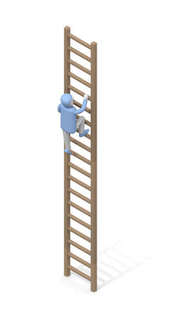 A long ladder. A person climbing a ladder. Go up. Aspirational concept. 3D renderingの写真素材