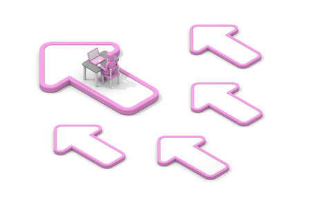 5 arrows. A woman working on the arrow. A person who works on a laptop. The image that I am improving. The concept is a breakthrough. 3D renderingの写真素材