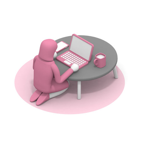 Work by telework. A woman working at a table. A woman sitting upright. Coffee on the table. 3D...