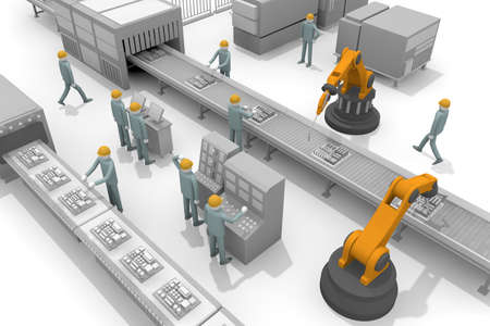 Move the machine. Operate the robot. Work in the factory. Work that uses physical strength. A robot that operates with AI. 3D renderingの写真素材