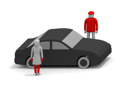 Drive date by car. Men and women who go to play by car. Men and women are standing across the car. Black car. 3D renderingの写真素材