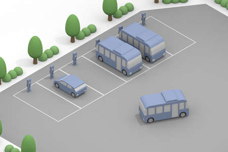 Electric car and charger. EV car and charging stand being charged. Use the charging spot installed on the road. 3D renderingの写真素材