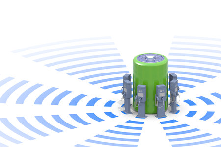 Charge the EV car. A charger is installed on the side of the road. Charge the battery from the charging stand. A car that considers the natural environment. 3D renderingの写真素材