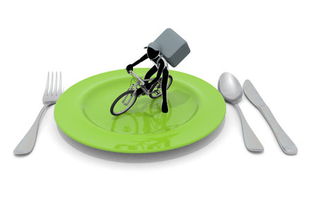 Work to deliver food. Deliver quickly. Deliver food by motorcycle. A person who works part-time as a delivery service. 3D renderingの写真素材