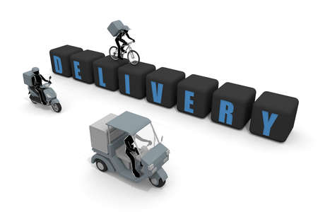 Work to deliver food. Deliver quickly. Deliver food by motorcycle. A person who works part-time as a delivery service. 3D renderingの写真素材
