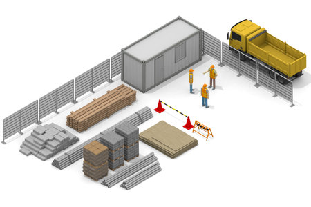 People working at the construction site. Lots of materials. Construction site and heavy equipment excavator car. Building work. 3D renderingの写真素材