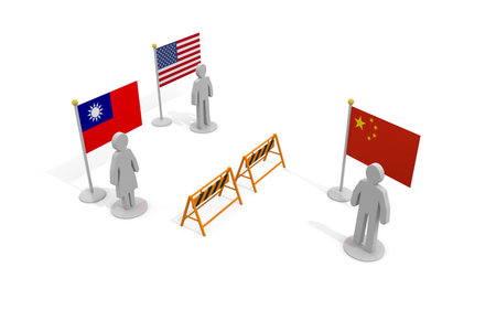 Relationship between  Taiwan, China and America. flags and people. 3D renderingの写真素材