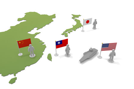 Taiwan, China, America and Japan. World map and relationships. flags and people. 3D renderingの写真素材