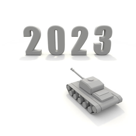 Tanks and letters of 2023. attack image. Letters made in three dimensions. Gothic lettering. 3D...