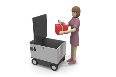 A person who receives a package from a robot. A robot that delivers automatically. Machines deliver packages unattended. 3D renderingの写真素材