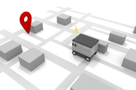 Deliver to destination. Read map information. A robot that delivers automatically. Machines deliver packages unattended. 3D renderingの写真素材