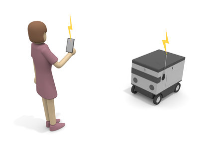 Receive delivery information on your smartphone. A person who receives a package from a robot. A robot that delivers automatically. Machines deliver packages unattended. 3D renderingの写真素材