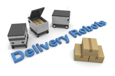 A robot that delivers automatically. Machines deliver packages unattended. Cardboard and automated delivery robots. 3D renderingの写真素材