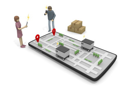 Check your luggage on your smartphone. Deliver to destination. Read map information. A robot that delivers automatically. Machines deliver packages unattended. 3D renderingの写真素材