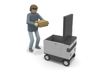 A person who receives a package from a robot. A robot that delivers automatically. Machines deliver packages unattended. 3D renderingの写真素材