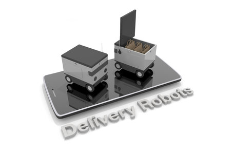 An app-controlled delivery robot. Check your luggage on your smartphone. delivery and receipt. Cardboard luggage. 3D renderingの写真素材