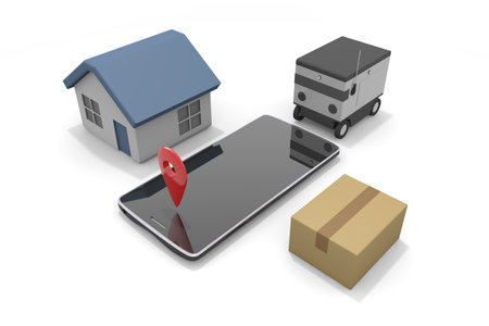 Smartphones and delivery apps. Delivery robot and parcel cardboard. Recognize destinations on the map. 3D renderingの写真素材