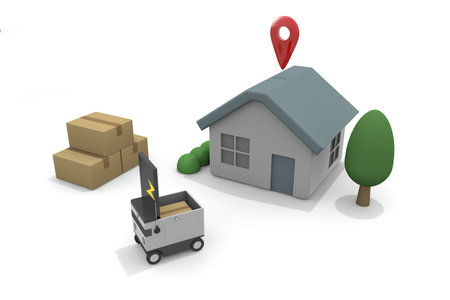 A delivery robot delivers. deliver the goods to the house. A robot that works automatically. 3D renderingの写真素材