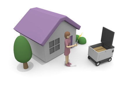 A delivery robot delivers. Courier will deliver. deliver the goods to the house. 3D renderingの写真素材