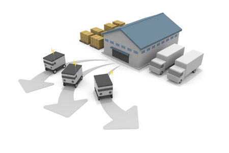 A delivery robot departs from the warehouse. warehouses and trucks. A robot that automatically delivers from the factory. Unattended delivery to your home. 3D renderingの写真素材