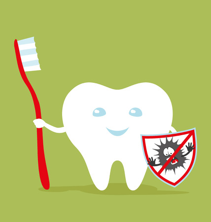 Healthy tooth with a toothbrush and a shield against tooth decay.のイラスト素材