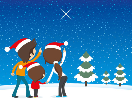 Happy family looking at the star in the Christmas night.のイラスト素材