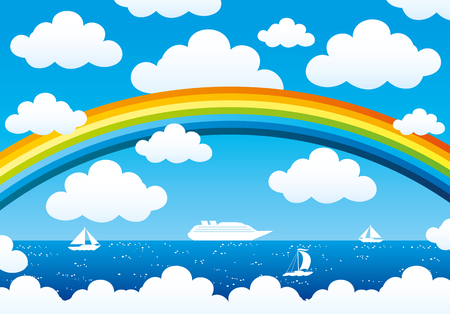 Rainbow and clouds in the blue sky over the ocean.のイラスト素材