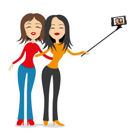 Two girlfriends make selfie portrait on smart phone.のイラスト素材