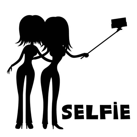 Two girlfriends make selfie portrait on smart phone.のイラスト素材