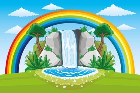 Beautiful waterfall and rainbow.のイラスト素材