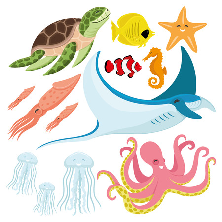 Sea turtle with fish, starfish, seahorse, squid, stingray, jellyfish, and octopus.のイラスト素材