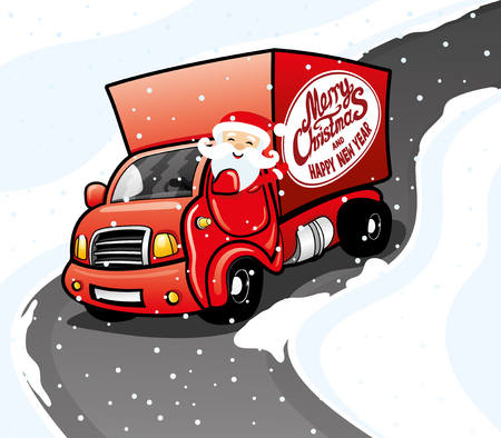 Santa claus in a red truck.のイラスト素材