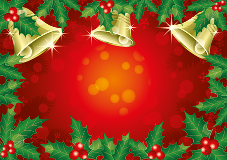 Christmas background with golden bells and holly.のイラスト素材