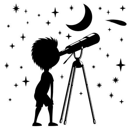 Child observes the stars in a telescope.のイラスト素材
