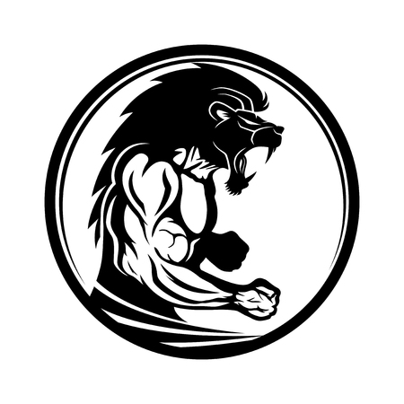 Sign of muscular athlete fighter with lion head.のイラスト素材