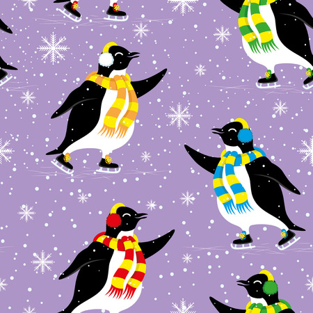 Cute penguins skating in winter.のイラスト素材
