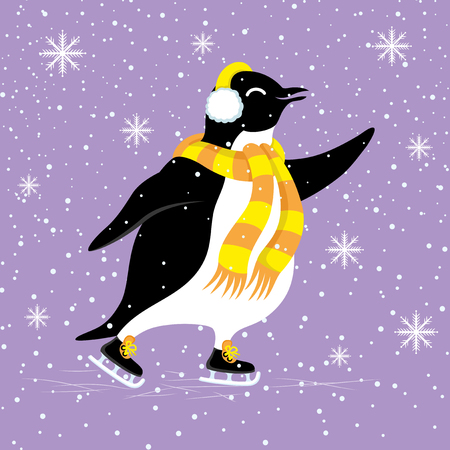 Cute penguin with a scarf skates in the winter.のイラスト素材