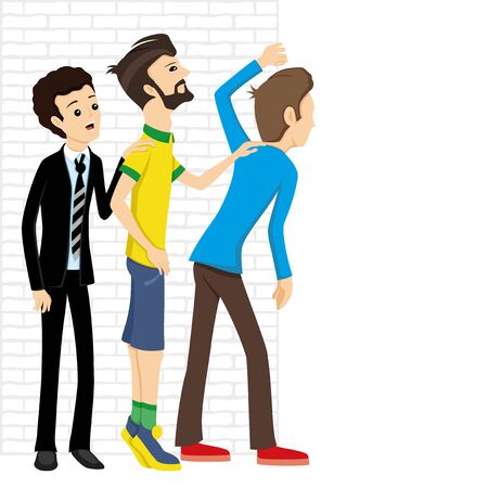 A group of men looks out from a white brick wall.のイラスト素材