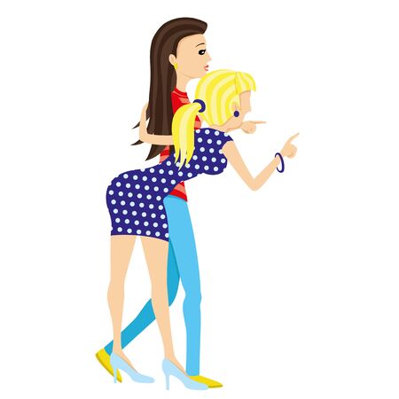 Two beautiful girlfriends on white background are looking forward.のイラスト素材