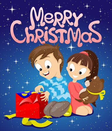 Happy kids with Christmas gifts on blue background.のイラスト素材