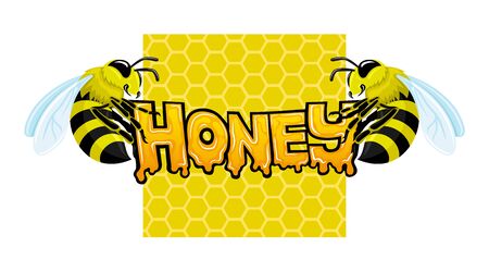 Honey sign with two bees on a white background.のイラスト素材