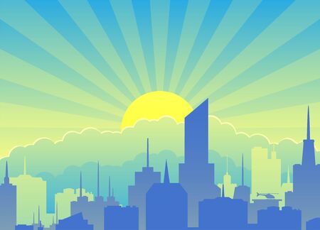 Cityscape against the backdrop of sunrise and clouds.のイラスト素材