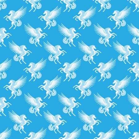 Seamless pattern with white pegasuses on a blue background.のイラスト素材