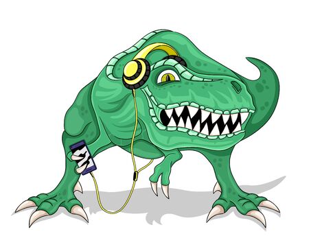 Green dinosaur in headphones listens to music on a white background.のイラスト素材