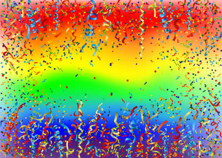 Horizontal festive rainbow background with bright confetti.のイラスト素材